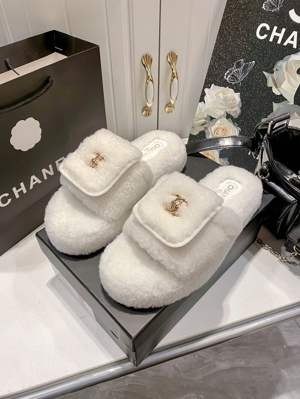 Chanel White Teddy Furry Slide Sandals Gold CC Logo